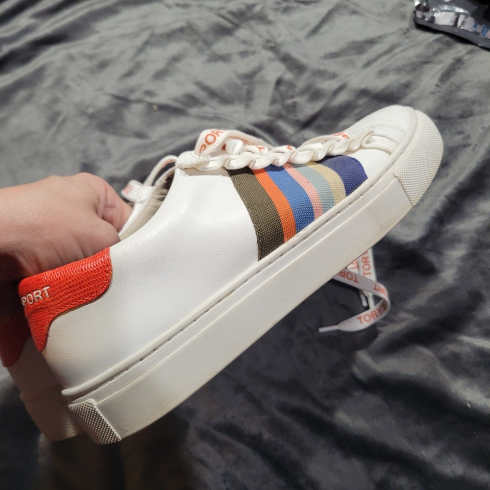 Tory Sport Women Sneakers 7M White Leather Ruffle Striped Sporty Chic